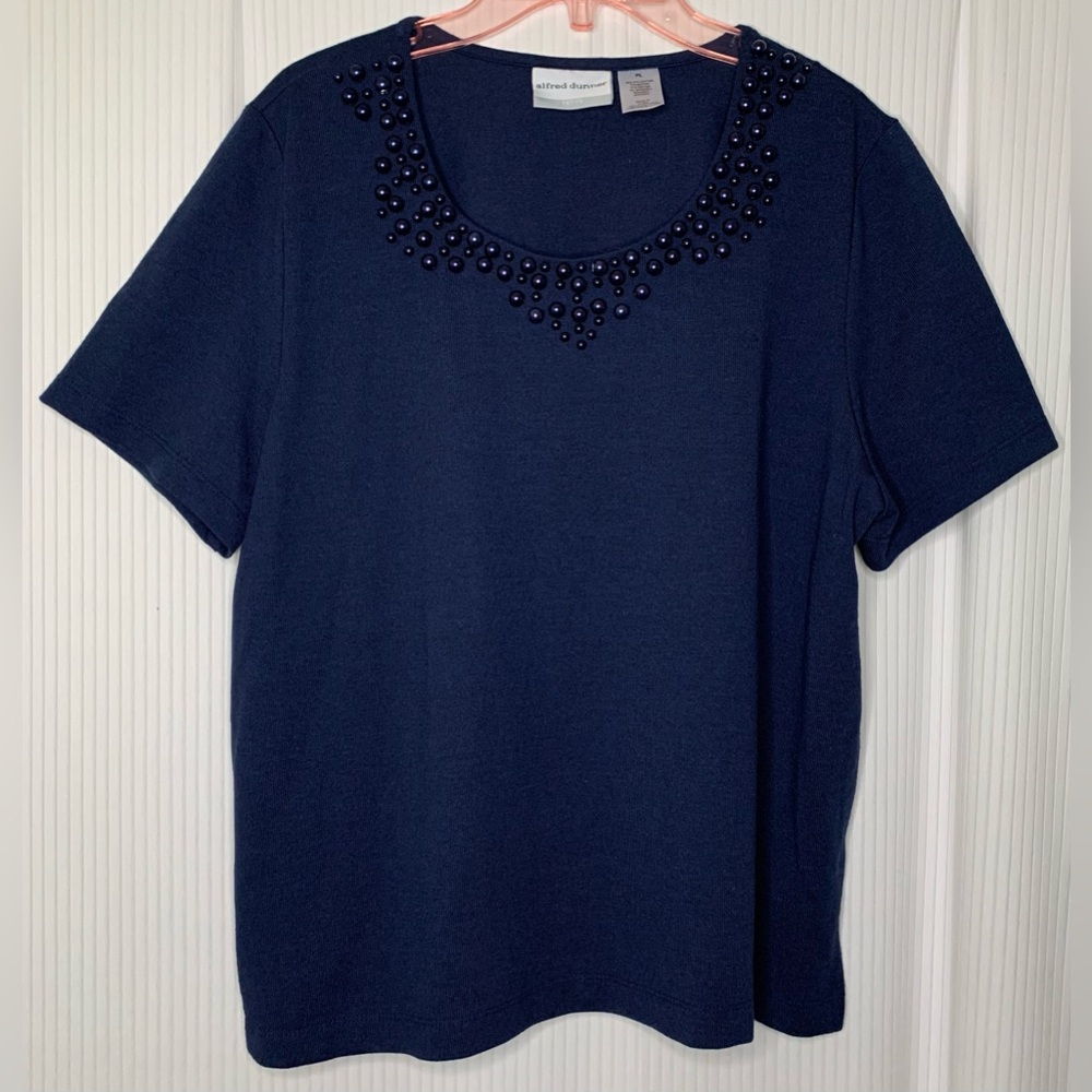 Alfred Dunner Navy Short Sleeve Top Beaded Neckline Detail Petite Large